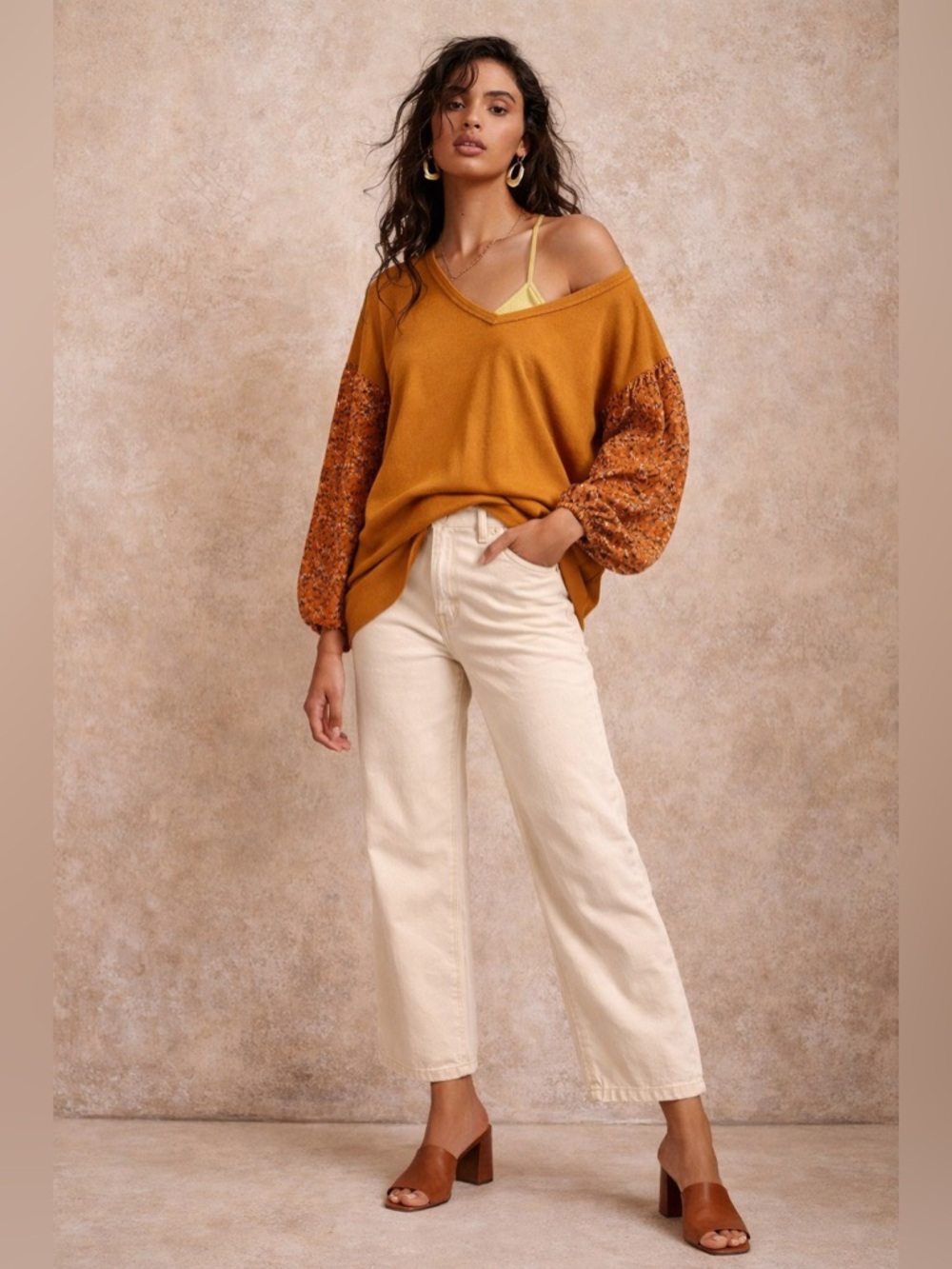 Anthropologie Puff Sleeve Floral Blouse V-Neck Top XS Mustard Annette Oversized